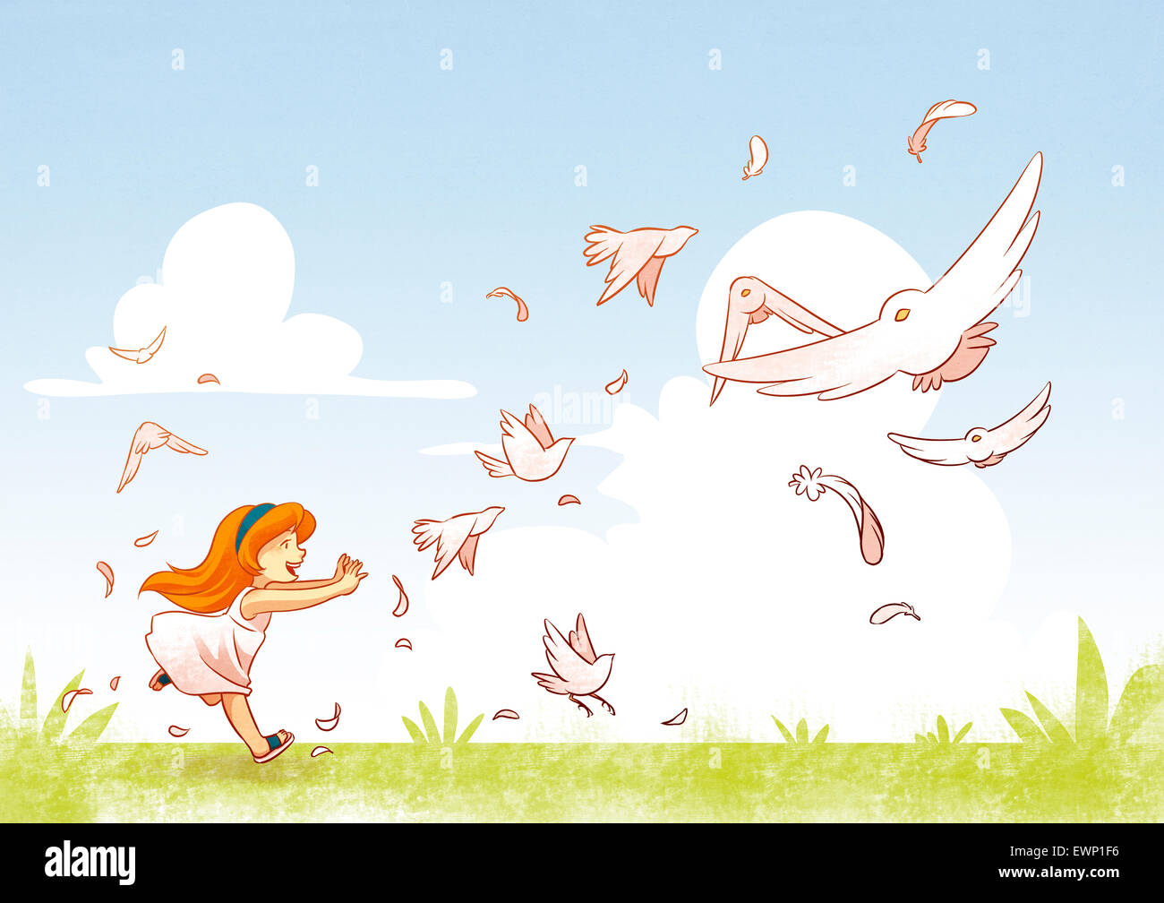 Ragazza a caccia di uccelli volando sul campo Foto Stock