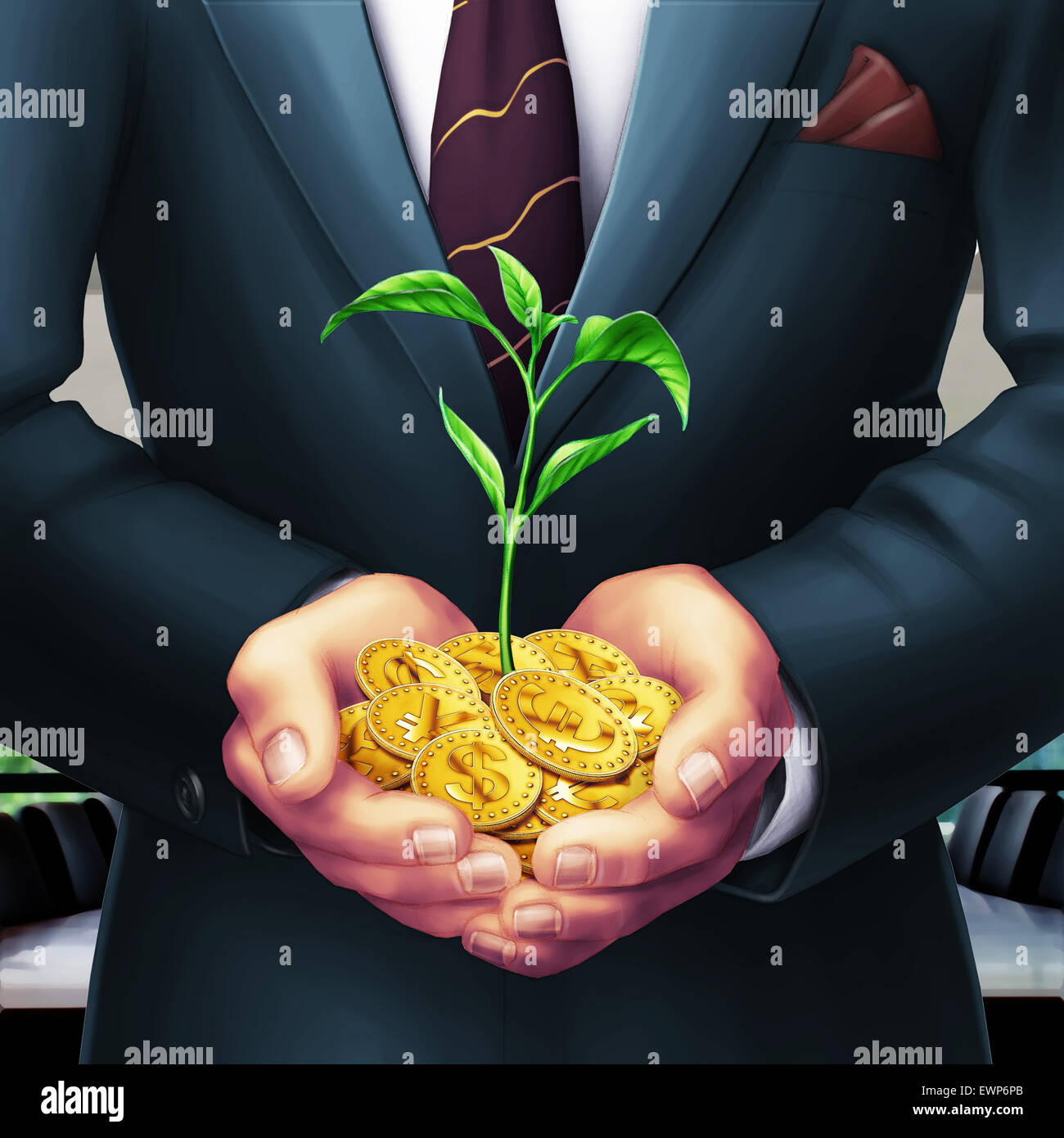 Immagine illustrativa di imprenditore coppettazione le mani con money tree Foto Stock