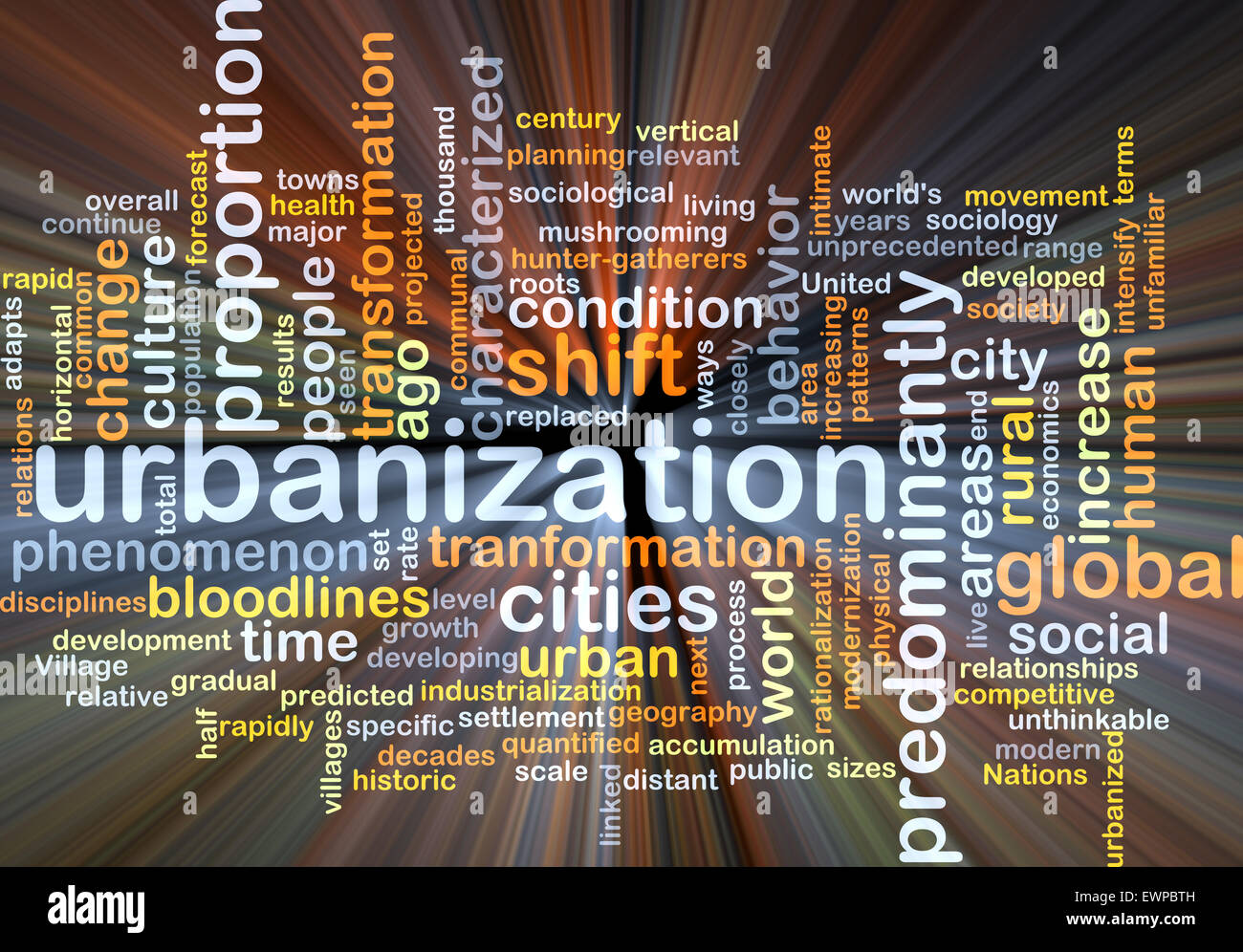 Concetto di sfondo wordcloud illustrazione di urbanizzazione luce incandescente Foto Stock