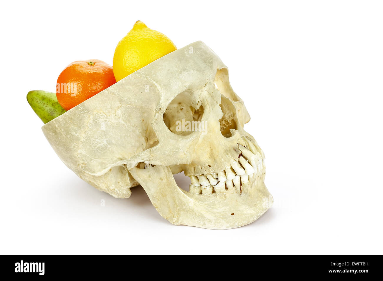 Cranio umano come scala di frutta con frutta come il limone e arancio pera isolati su sfondo bianco Foto Stock