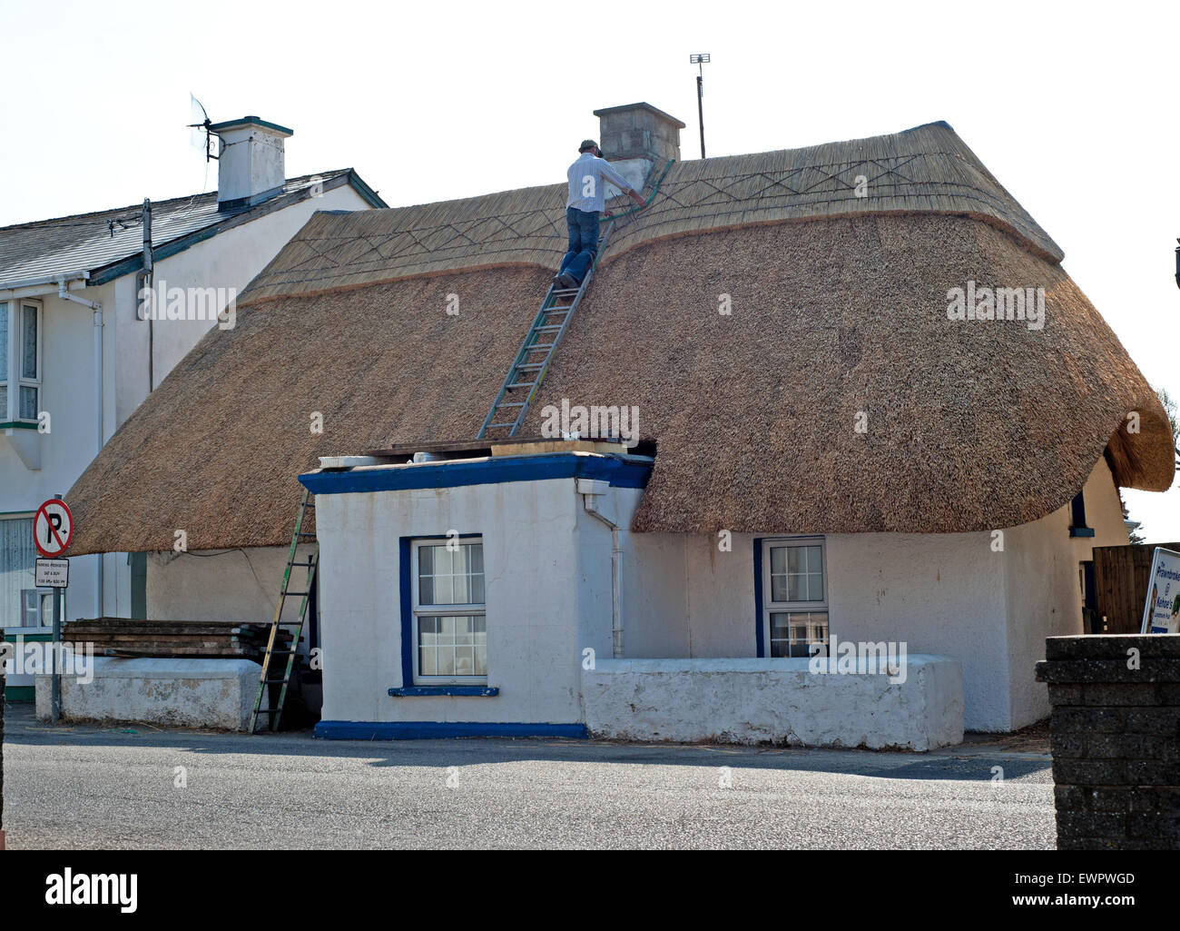 Irlanda, County Wexford, Kilmore Quay house (ex casa in legno), uomo al lavoro sul tetto di paglia Foto Stock