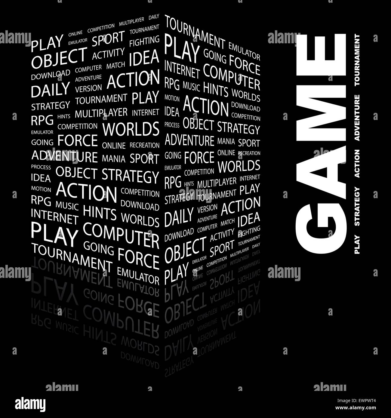 Gioco. Concetto di sfondo wordcloud illustrazione. Il concetto di stampa word cloud. Graphic collage. Illustrazione Vettoriale