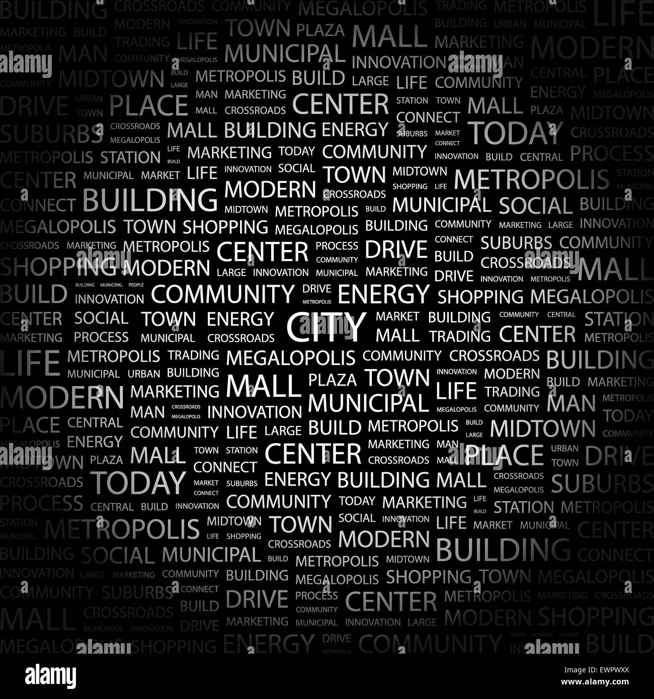 Città. Concetto di sfondo wordcloud illustrazione. Il concetto di stampa word cloud. Graphic collage. Illustrazione Vettoriale