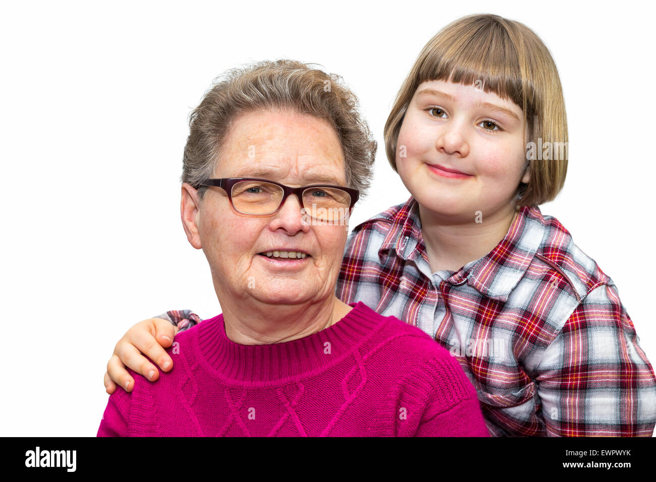 Ritratto di nonna caucasica e nipote insieme isolato su sfondo bianco Foto Stock