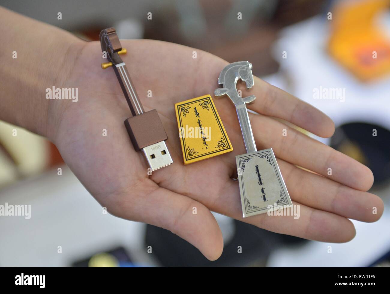 Hohhot, la Cina della Mongolia Interna Regione Autonoma. Il 30 giugno, 2015. USB flash disk nelle forme di Matouqin, un cavallo-testa dello strumento musicale, sono visti durante il primo Prairie culturale e industria creativa esposizione in Hohhot, capitale del nord della Cina di Mongolia Interna Regione Autonoma, 30 giugno 2015. I cinque giorni di mostra è iniziato qui il lunedì. © Wang Zheng/Xinhua/Alamy Live News Foto Stock