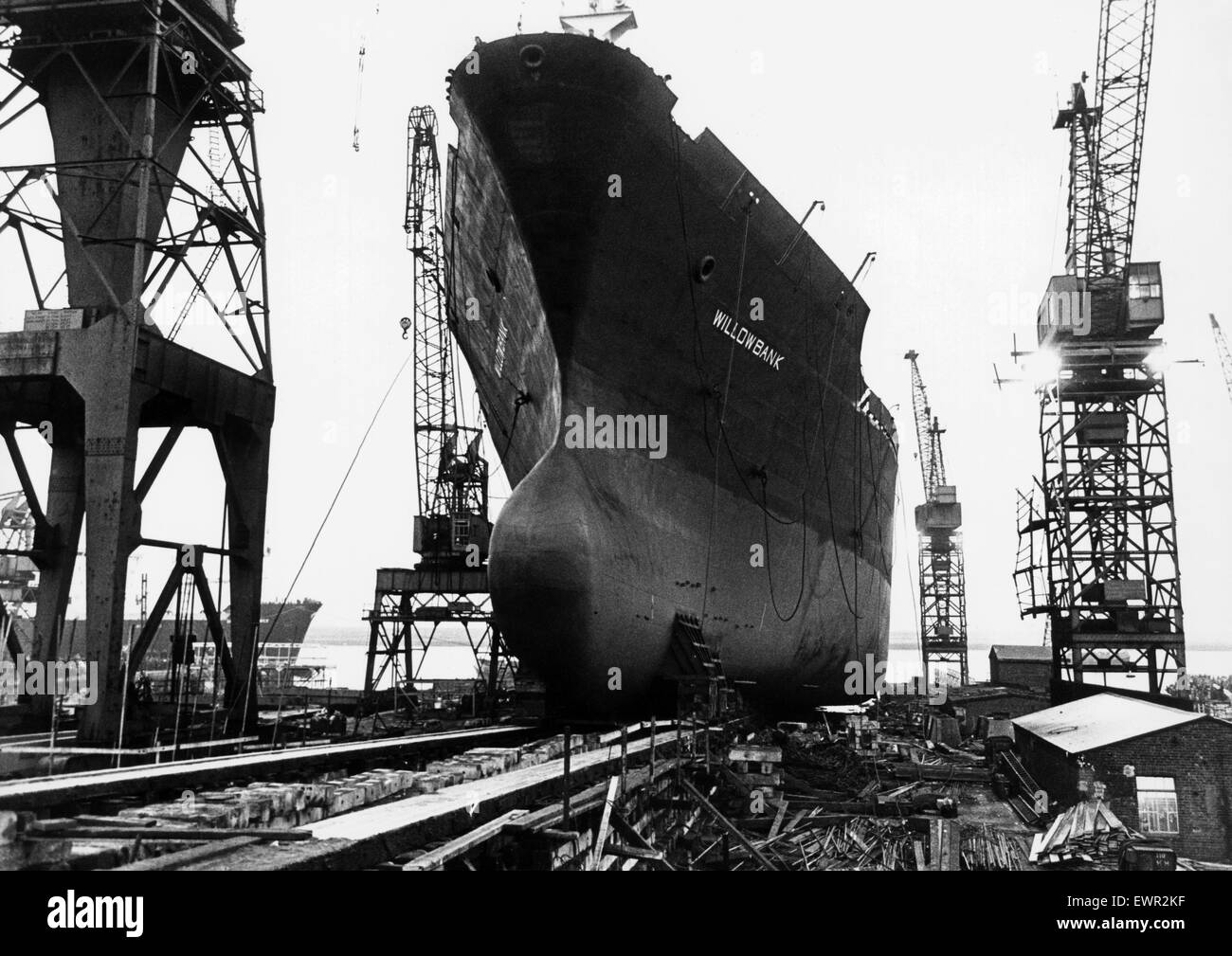 Lancio della nave portacontainer Willowbank , ultima nave in ordine, a Smiths Dock, South Bank sul Fiume Tees. Il 19 febbraio 1980. Foto Stock