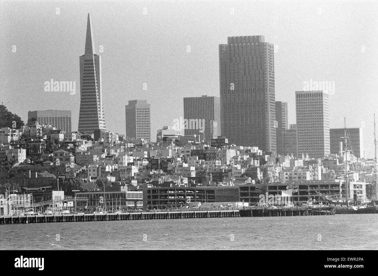 Skyline di San Francisco come si vede dalla prigione di Alcatraz. La Piramide Transamerica (sinistra) e la 555 California Street office block (destra) Circa 1979 Foto Stock