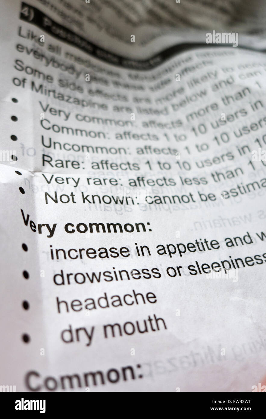 Opuscolo informativo su medicina di prescrizione effetti collaterali. Foto Stock