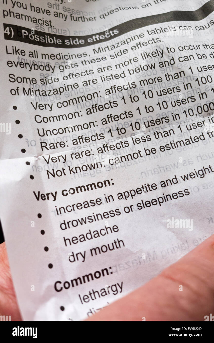 Opuscolo informativo su medicina di prescrizione effetti collaterali. Foto Stock