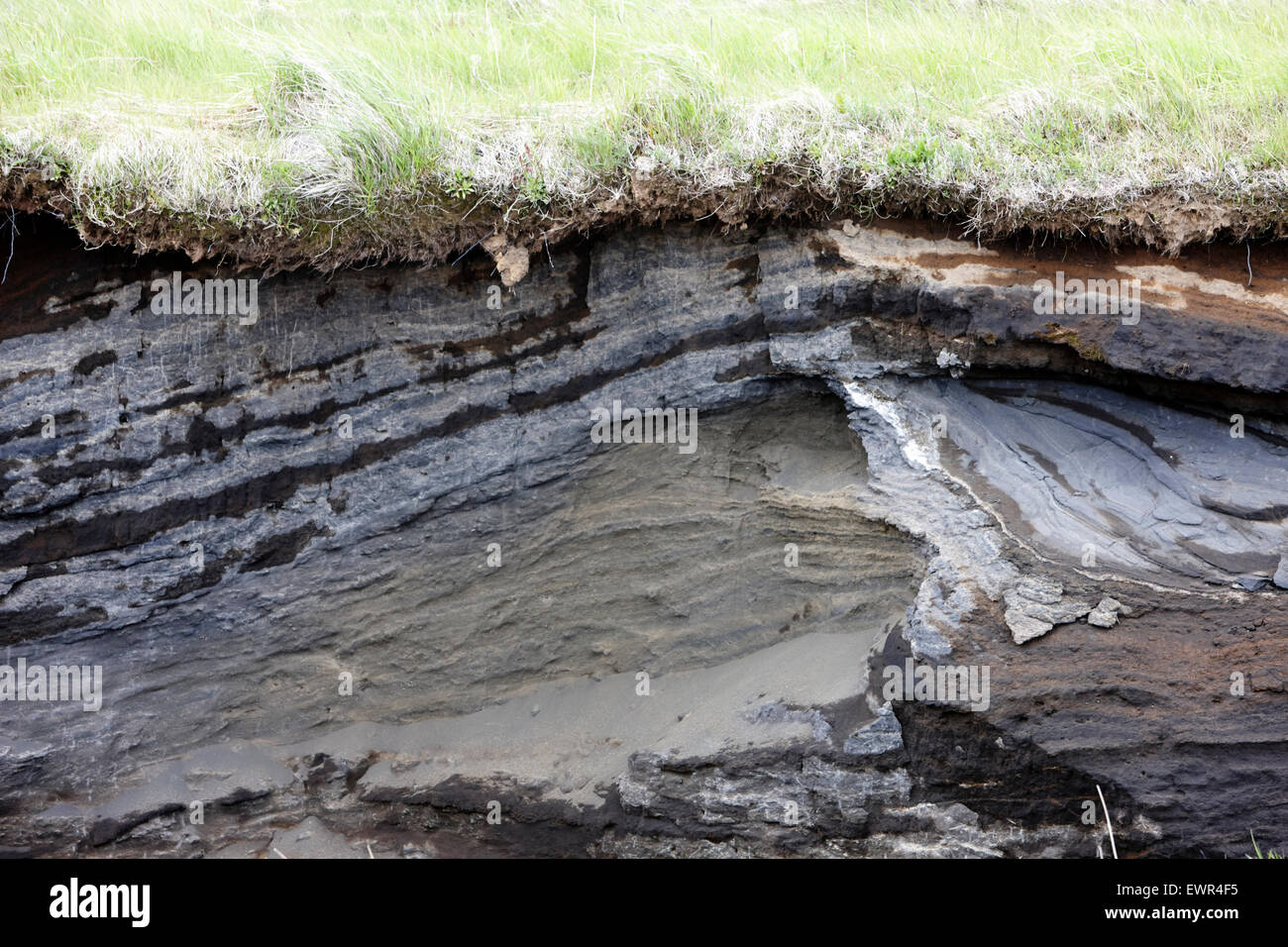 Strati di suolo sezione trasversale compresi grandi tefra ceneri vulcaniche Islanda Foto Stock