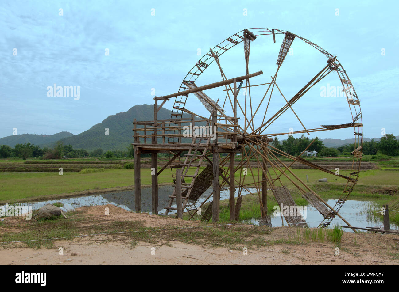 Il bambù ruota di acqua per irrigazione di campi di riso, Loei provincia, Thailandia Foto Stock