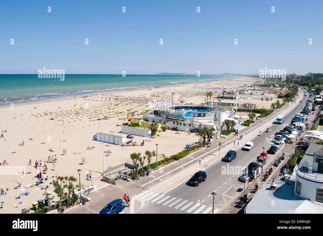 Rimini Italia italiano spiagge Spiaggia regione Emilia Romagna Adriatic Sea resort resorts east coast orientale città costiere Foto Stock