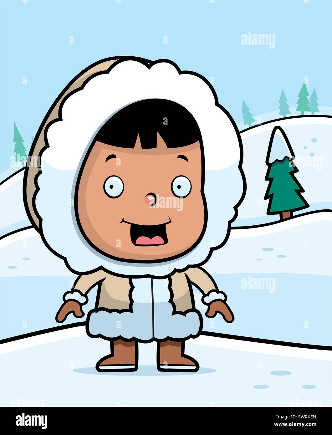 Un felice cartoon eschimese bambino nella neve. Illustrazione Vettoriale
