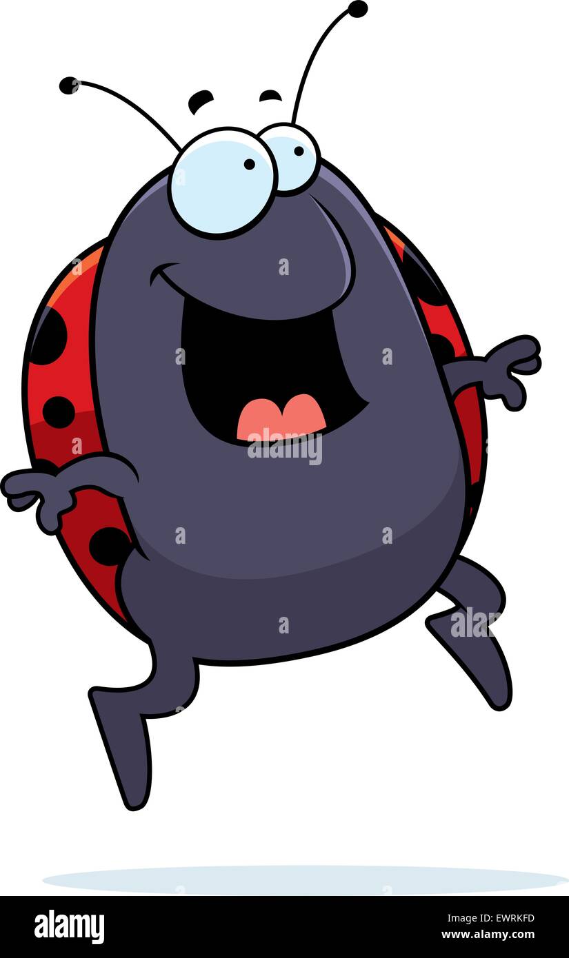 Un felice cartoon ladybug jumping e sorridente. Illustrazione Vettoriale