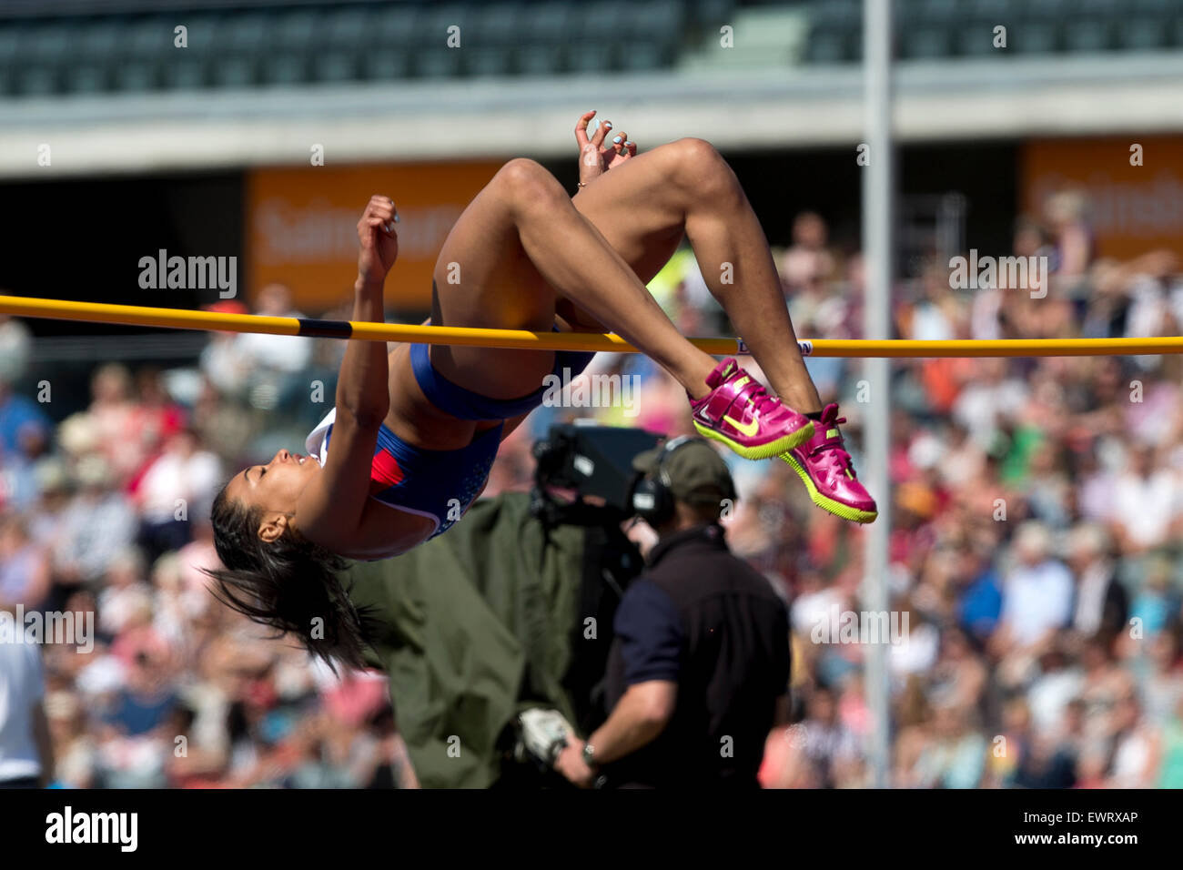 Morgan lago a competere in Donne Salto in alto, IAAF Diamond League 2015, Alexander Stadium, Birmingham, Regno Unito, 7 giugno 2015. Foto Stock