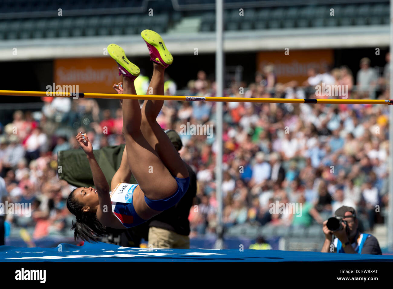 Morgan lago a competere in Donne Salto in alto, IAAF Diamond League 2015, Alexander Stadium, Birmingham, Regno Unito, 7 giugno 2015. Foto Stock