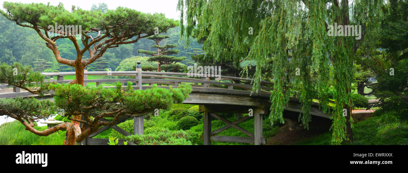 Ponte di Legno di attraversare un fiume che scorre da un lussureggiante giardino Giapponese Foto Stock