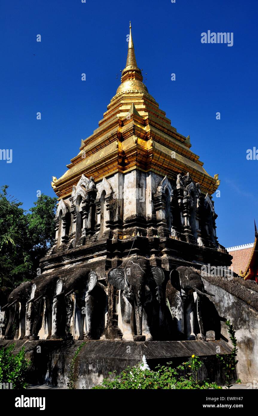 Chiang Mai, Thailandia: la piazza Chedi con guglie dorate e base dotata di grande elefante scolpito statue al Wat Chiang Mun Foto Stock