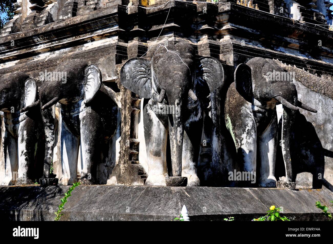 Chiang Mai, Thailandia una fila di elefanti scolpiti sta alla base di The Chedi a Wat Chiang Mun * Foto Stock