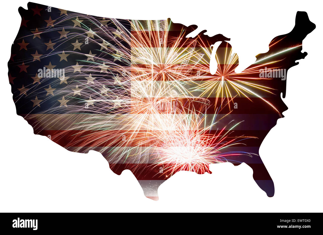 Stati Uniti d'America bandiera degli Stati Uniti nella mappa di contorno di Silhouette con fuochi d'artificio sfondo per il 4 di luglio illustrazione Foto Stock