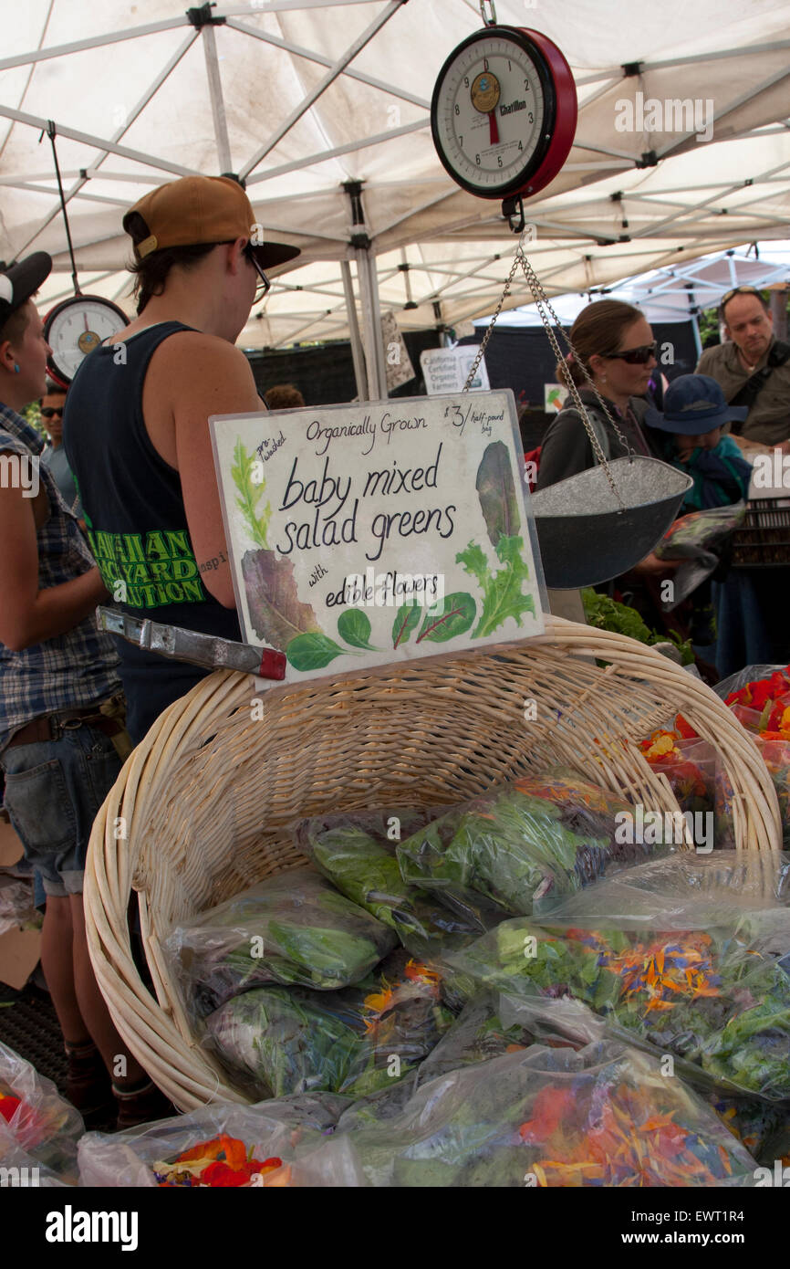 Visualizza e cabine al Sabato Berkeley Mercato degli Agricoltori in California. Foto Stock