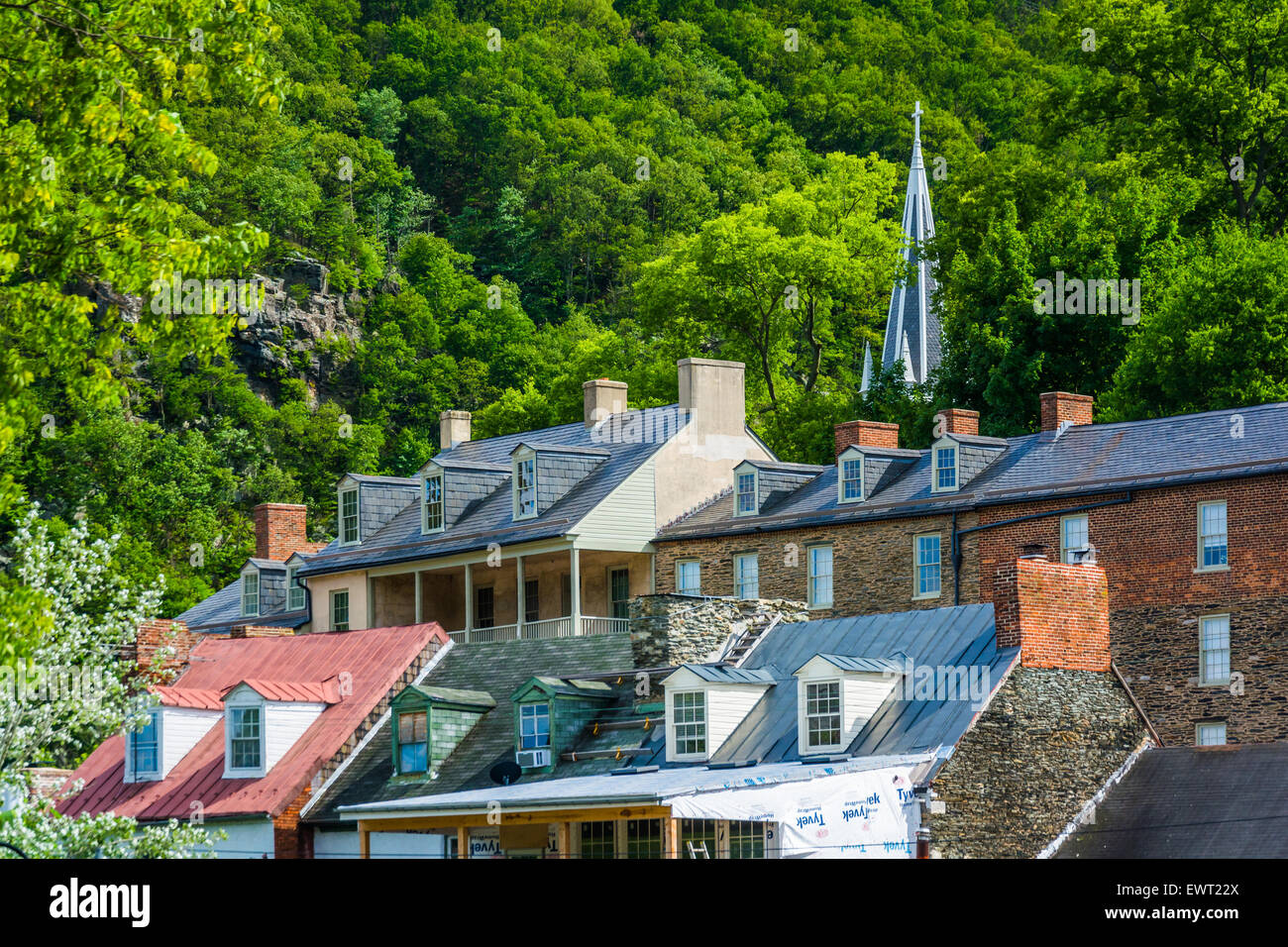 Vista di edifici storici di harpers Ferry, West Virginia. Foto Stock