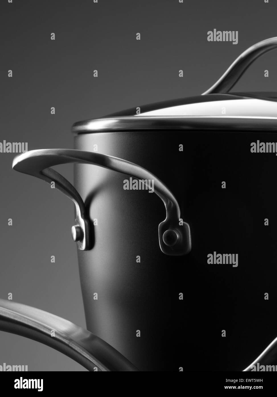 Vista ravvicinata di Nizza pentole impostata sul colore grigio indietro Foto Stock