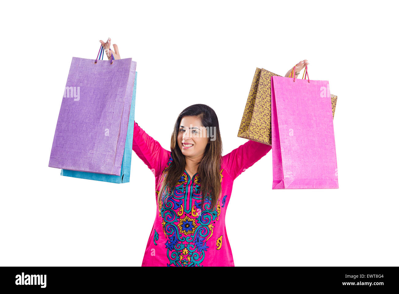 1 donna indiana casalinga che mostra shopping bag Foto Stock