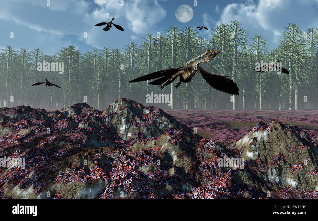 Un gregge di Archaeopteryx in volo Foto Stock