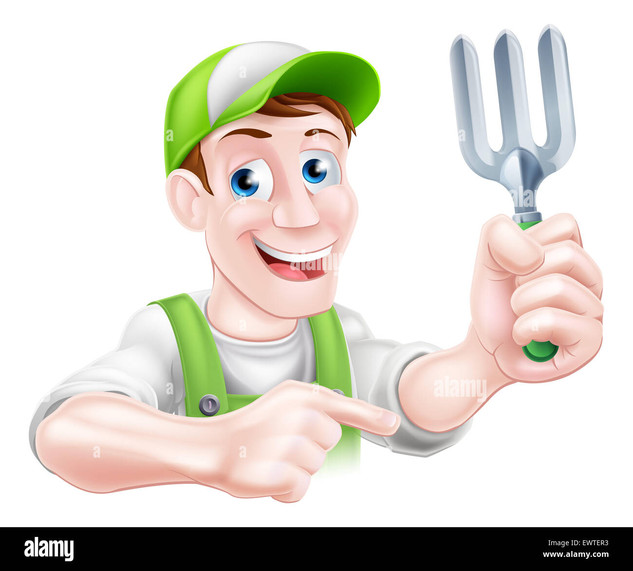 Un cartoon giardiniere carattere tenendo un giardino forcella e puntamento Foto Stock