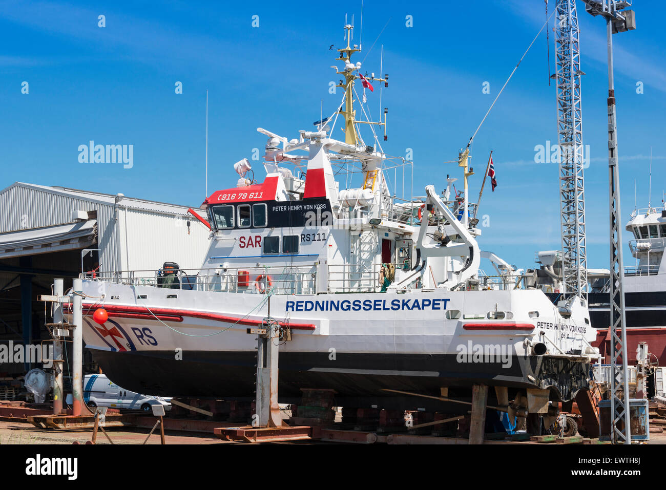 Severn-classe barca salvavita in bacino di carenaggio, Skagen, regione dello Jutland settentrionale, Danimarca Foto Stock