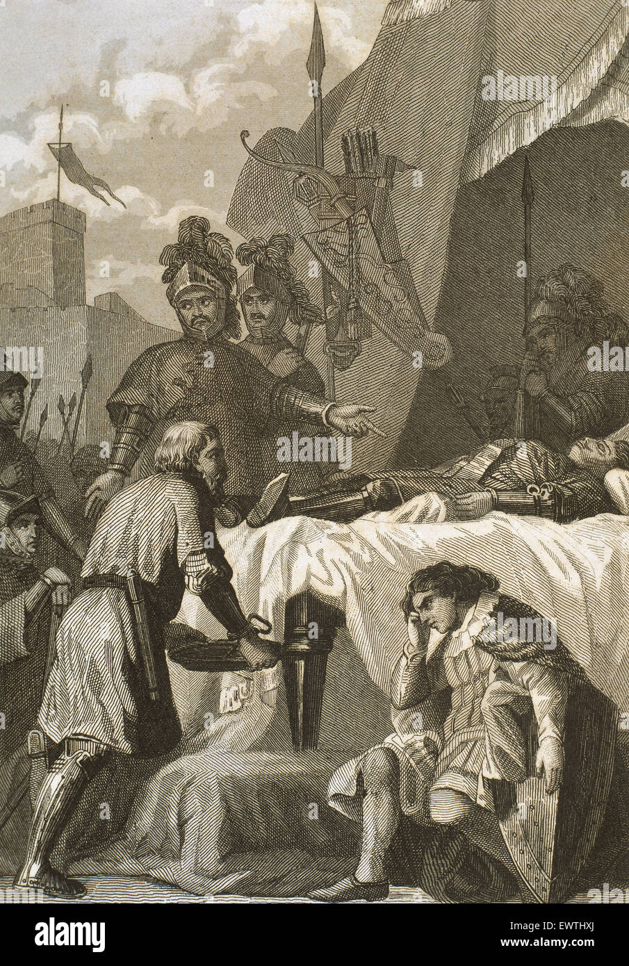 Rodrigo Diaz de Vivar (c.1043-1099), conosciuta come El Cid. Nobile castigliano, capo militare e diplomatico. La morte di El Cid. Incisione del XIX secolo. Foto Stock