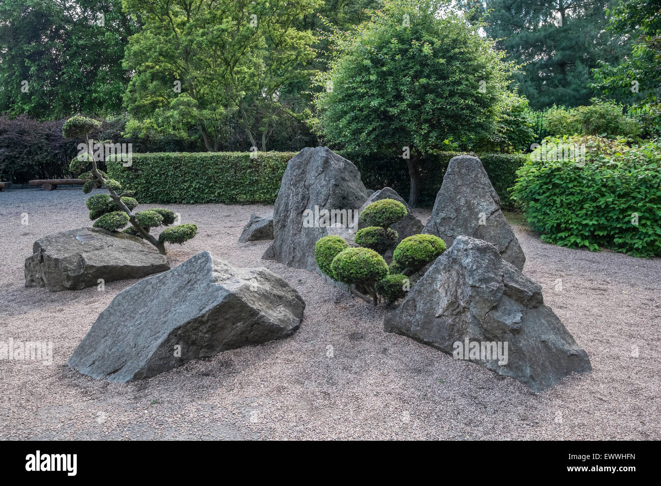 Rocce e arbusti curati è piaciuto a forma di nuvole, giardino Giapponese, Cracovia in Polonia Foto Stock