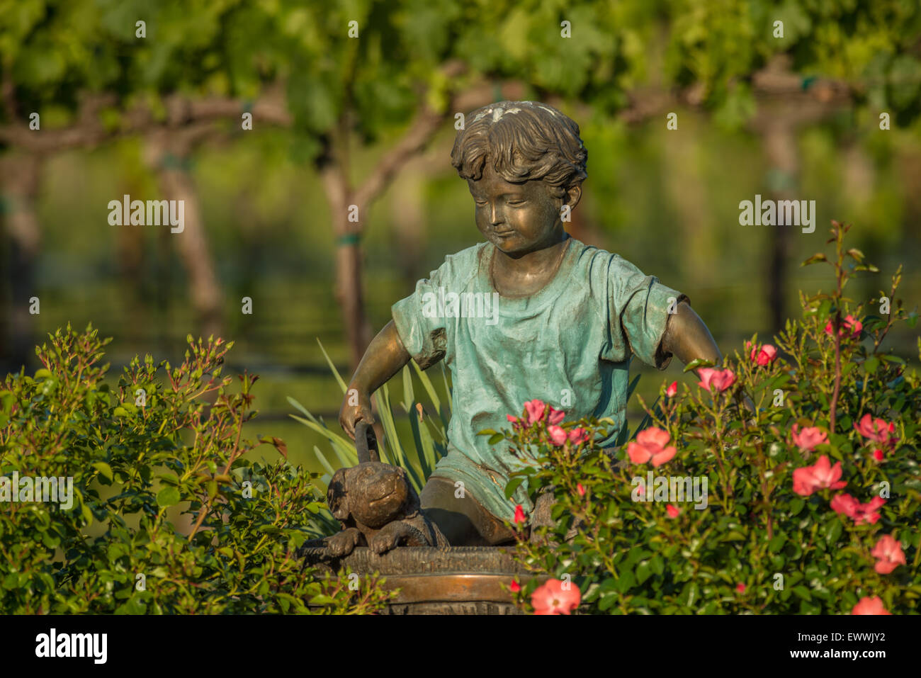 Ragazzo di bronzo e cane giardino statua collocata nel giardino fiorito vicino vigneto Foto Stock