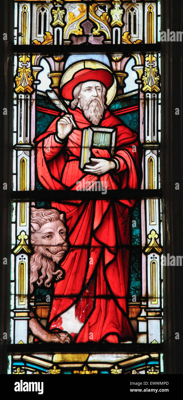 STABROEK, Belgio - 27 giugno 2015: vetrata raffigurante San Girolamo o Hieronymus nella chiesa di Stabroek, Belgio. Foto Stock