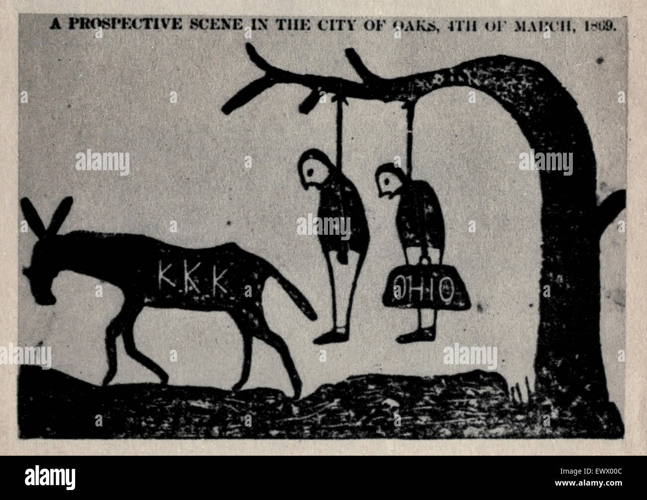 Una scena di prospettiva nella città di querce, 4 marzo 1869 - cartoon infiammatorie stampato in Tuscaloosa, Alabama "Monitor indipendenti' 1 settembre 1868. Il redattore del monitor è stato Ryland Randolph, Grand Ciclope del Ku Klux Klan in Tuscaloosa Foto Stock