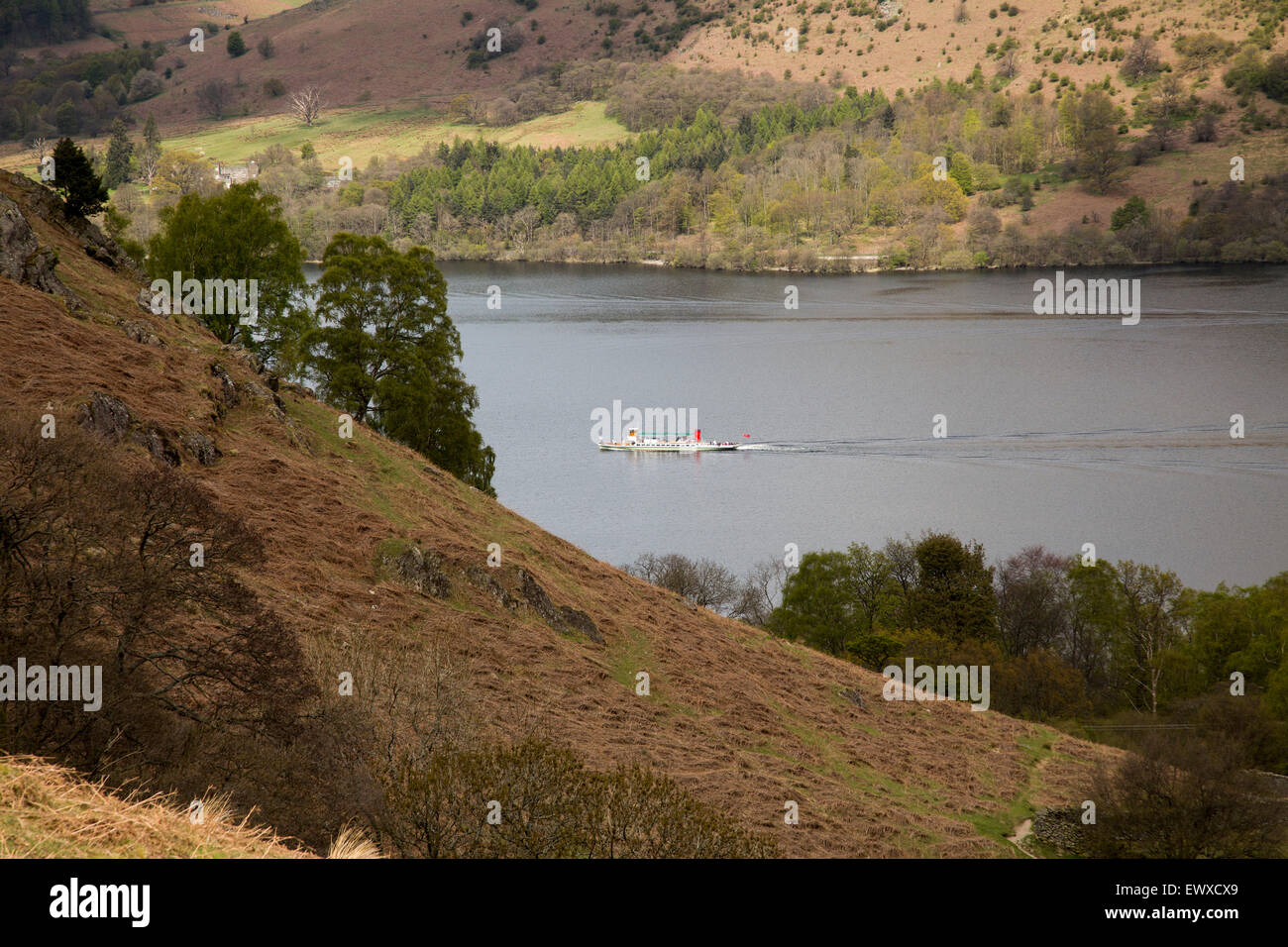 Sistema di cottura a vapore per i passeggeri dei traghetti nel porto di barca nel lago Ullswater, Parco Nazionale del Distretto dei Laghi, England, Regno Unito Foto Stock