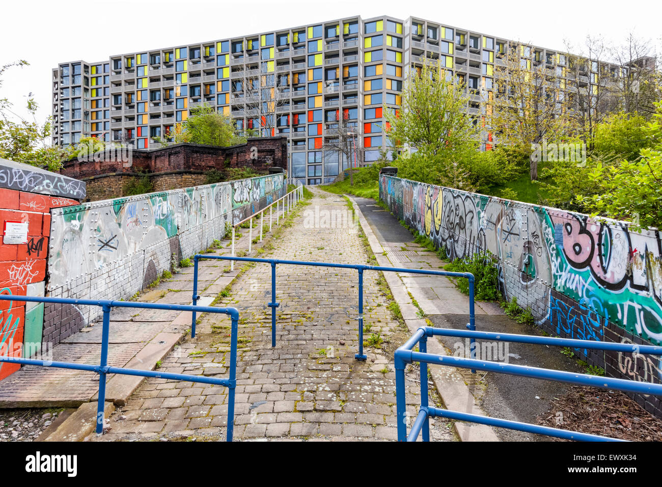 Ristrutturato di recente Park Hill appartamenti e una passerella con graffiti, Sheffield, England, Regno Unito Foto Stock