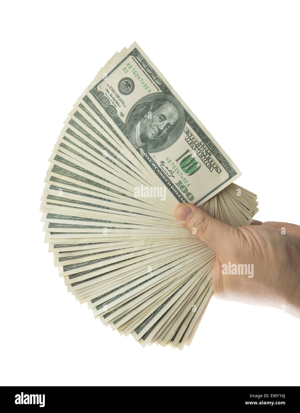 Una mano su sfondo bianco holding diverse fatture del dollaro. Foto Stock