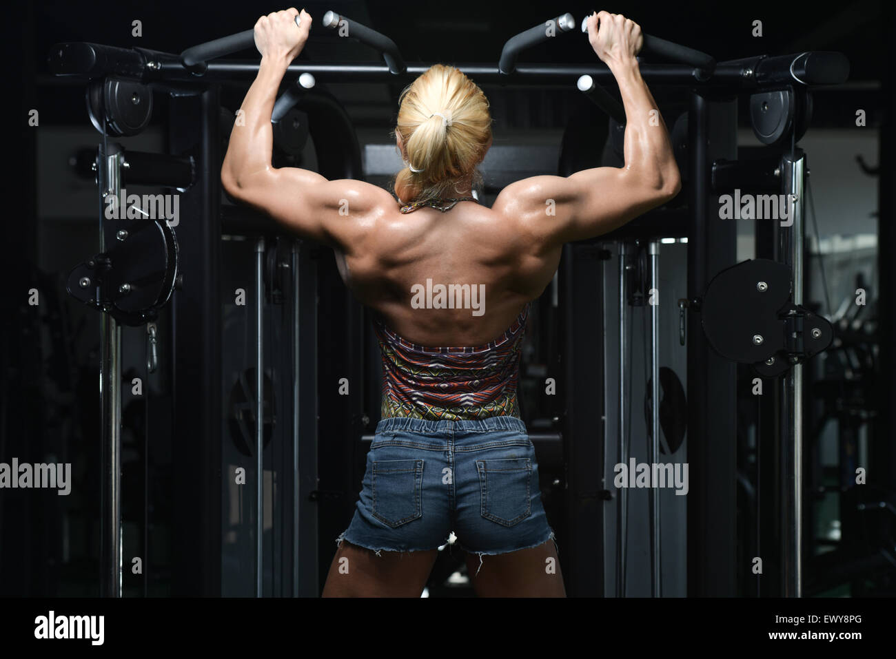 Femmina facendo culturista peso pesante esercizio per la schiena in palestra Foto Stock