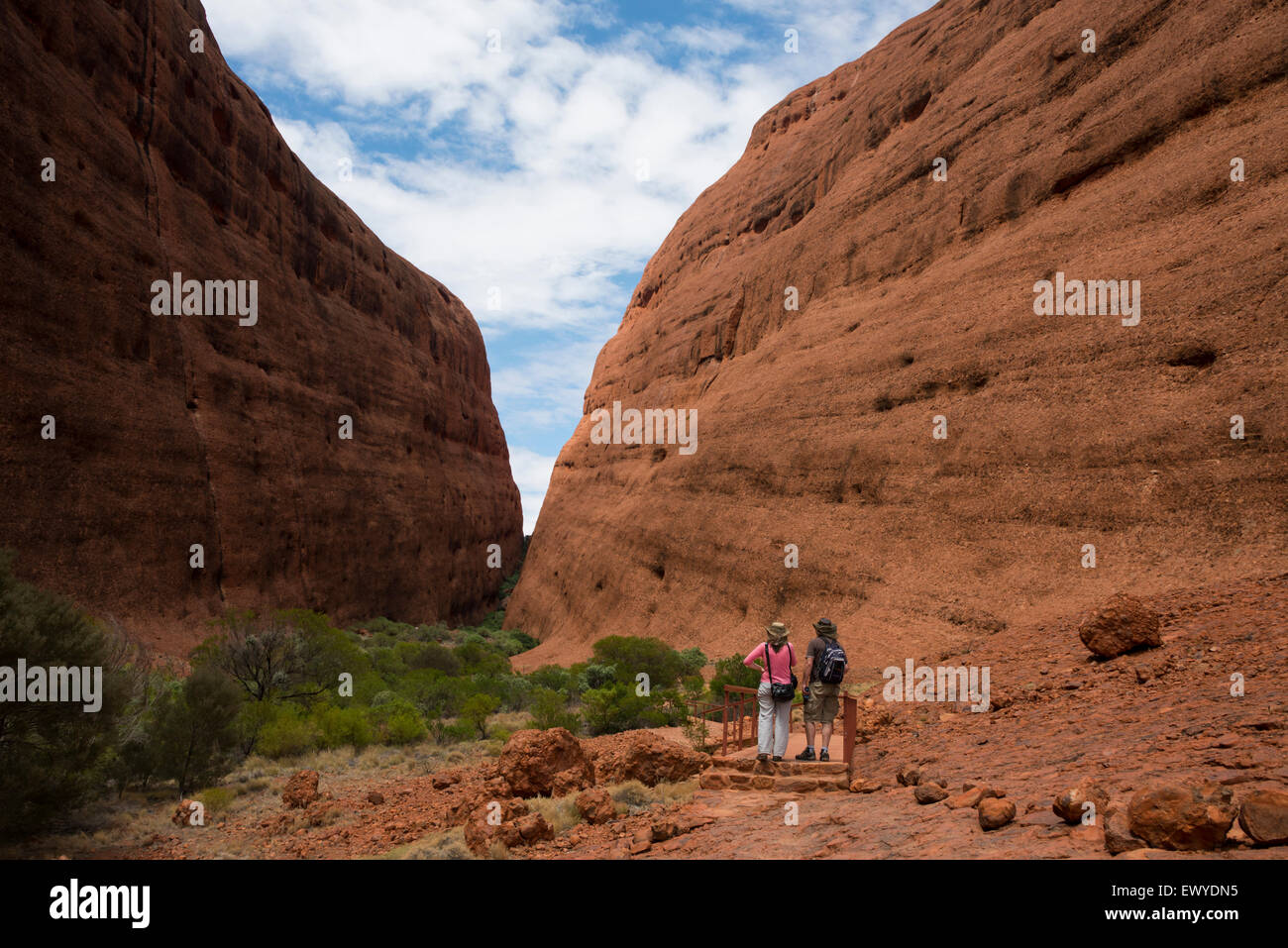 Australia, NT, Uluru e Kata Tjuta National Park. Kata Tjuta (aka il Olgas). I turisti (con testa reti) sul sentiero escursionistico. Foto Stock