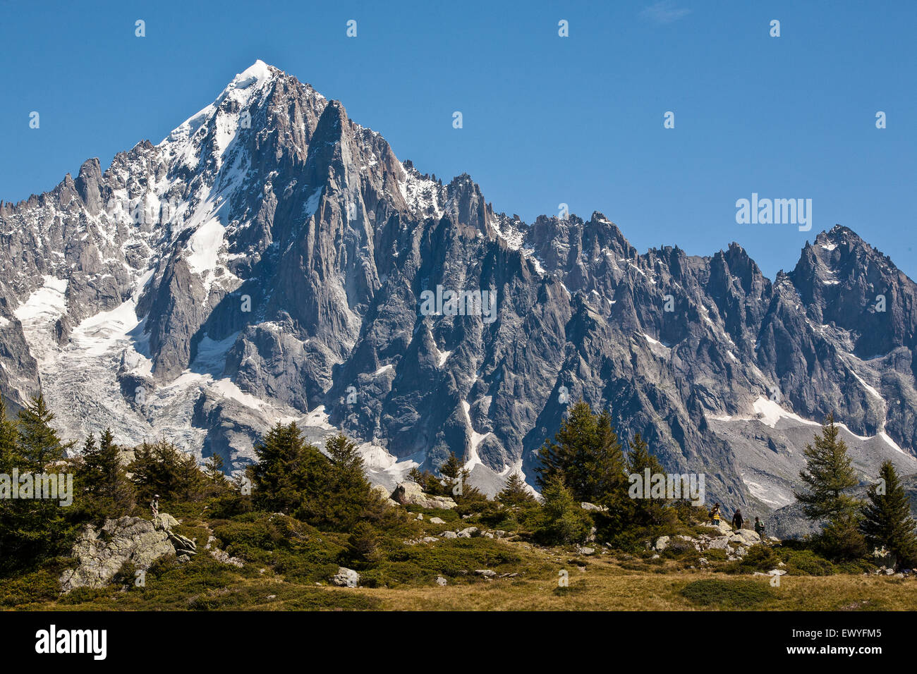 Estate Escursioni sopra Chamonix-Mont Blanc valley, Francia. Mont Blanc mountain in background. Agosto. Foto Stock