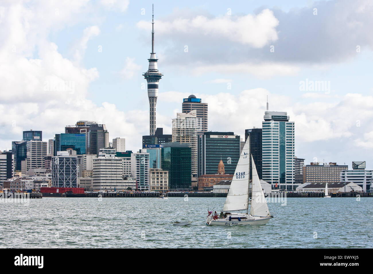 Barche a vela nel porto di Auckland. CBD e Sky Tower.La città delle vele. Auckland, Nuova Zelanda Foto Stock