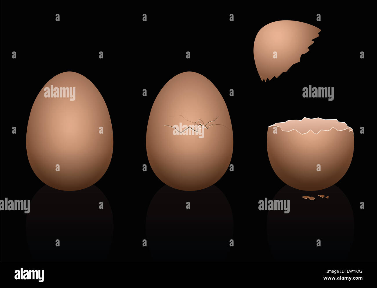 Tre marrone uova di pollo - intatto, rotto e aperto. Tridimensionale di illustrazione su sfondo nero. Foto Stock