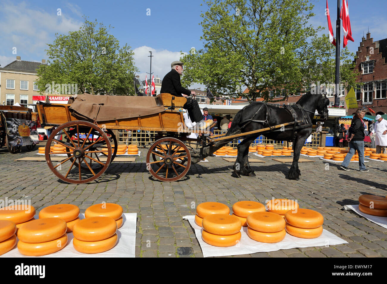 Un carrello horsedrawn al formaggio Gouda Mercato in Gouda, Paesi Bassi. Il formaggio si svolge il mercato settimanale per tutta l'estate. Foto Stock