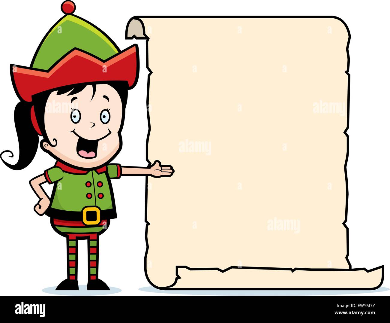 Un felice Natale cartoon elf con un elenco. Illustrazione Vettoriale