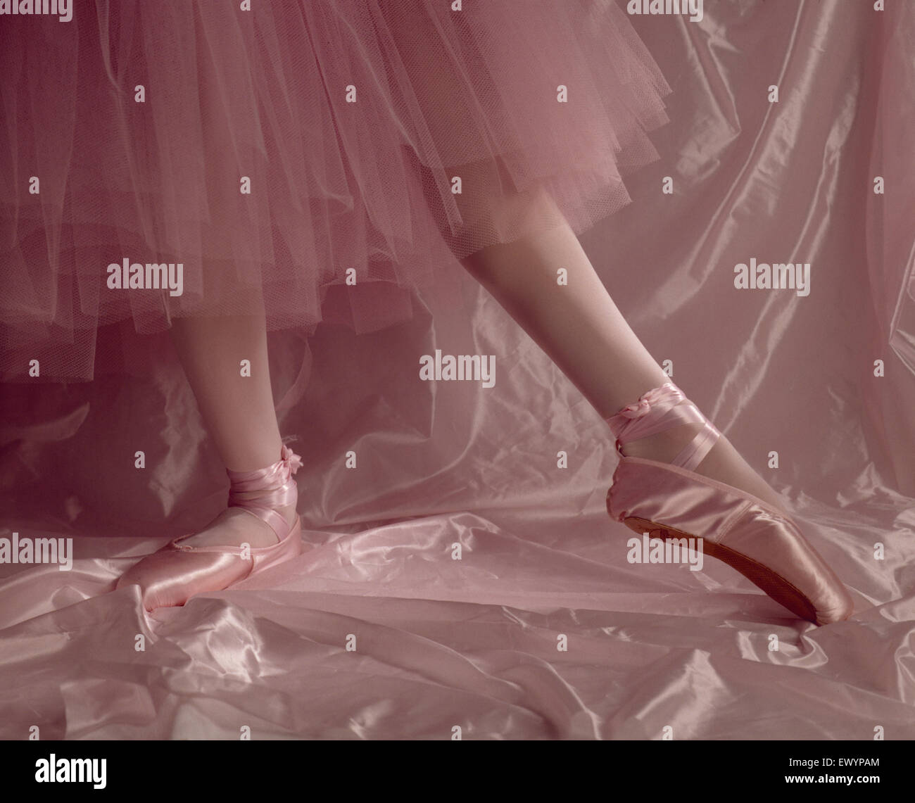 Le gambe di una ballerina, indossando scarpe da punta, in rosa collant e tutu, su uno sfondo di colore rosa. Foto Stock
