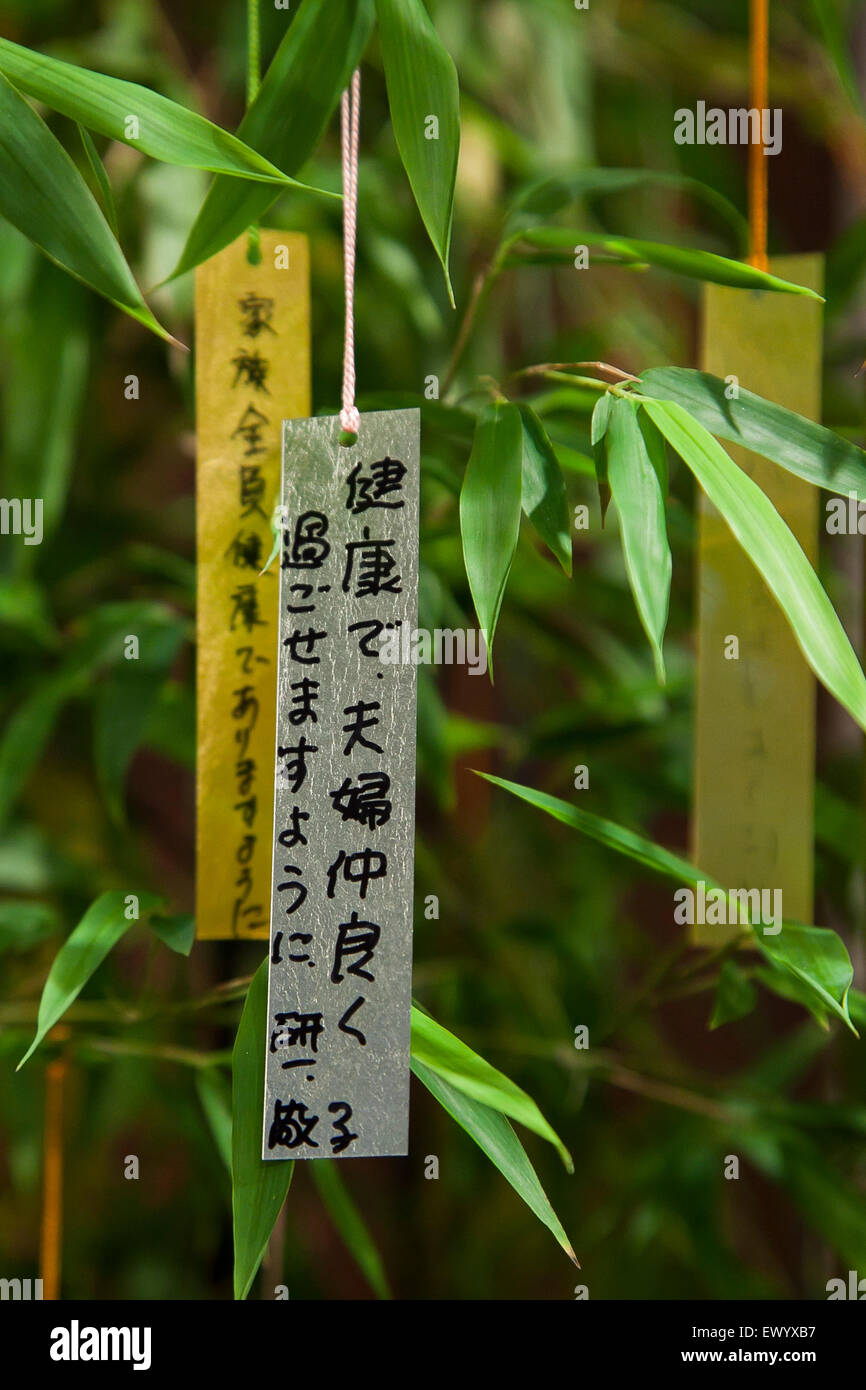 Ginza Tanaka gioielleria visualizza una struttura ad albero di bambù decorate con oro e platino le strisce di carta (Tanzaku) in Ginza Tokyo il 3 luglio 2015. Esso è giapponese personalizzato per scrivere un desiderio su di una striscia di carta e appendere questo su un albero per celebrare il festival annuale di Tanabata. Dopo il festival il negozio offrirà l'oro e strisce di platino per il quartiere di Akasaka's Hie-jinja santuario. © Rodrigo Reyes Marin/AFLO/Alamy Live News Foto Stock