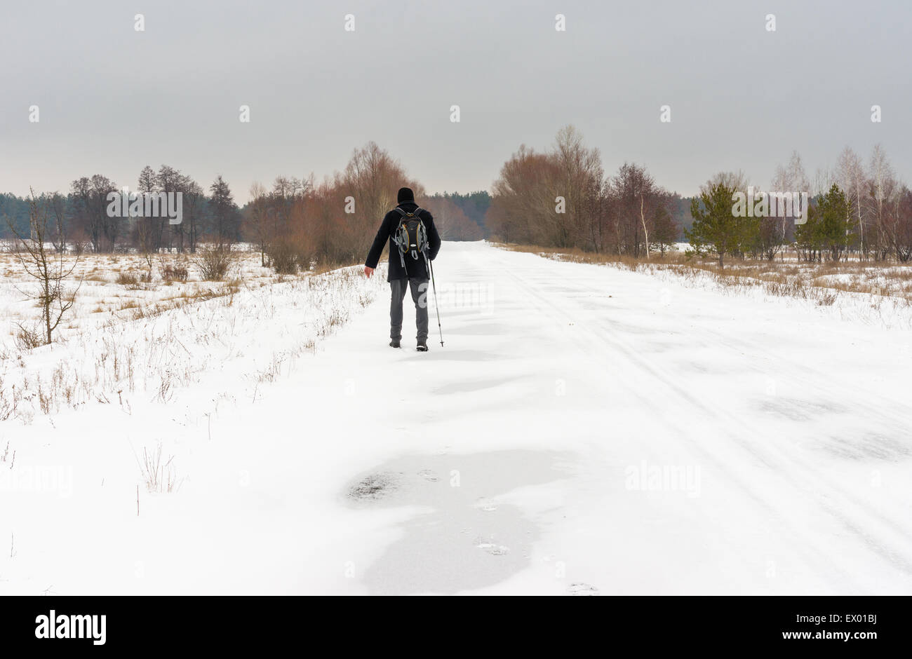 Paesaggio invernale con country road e il viandante solitario Foto Stock