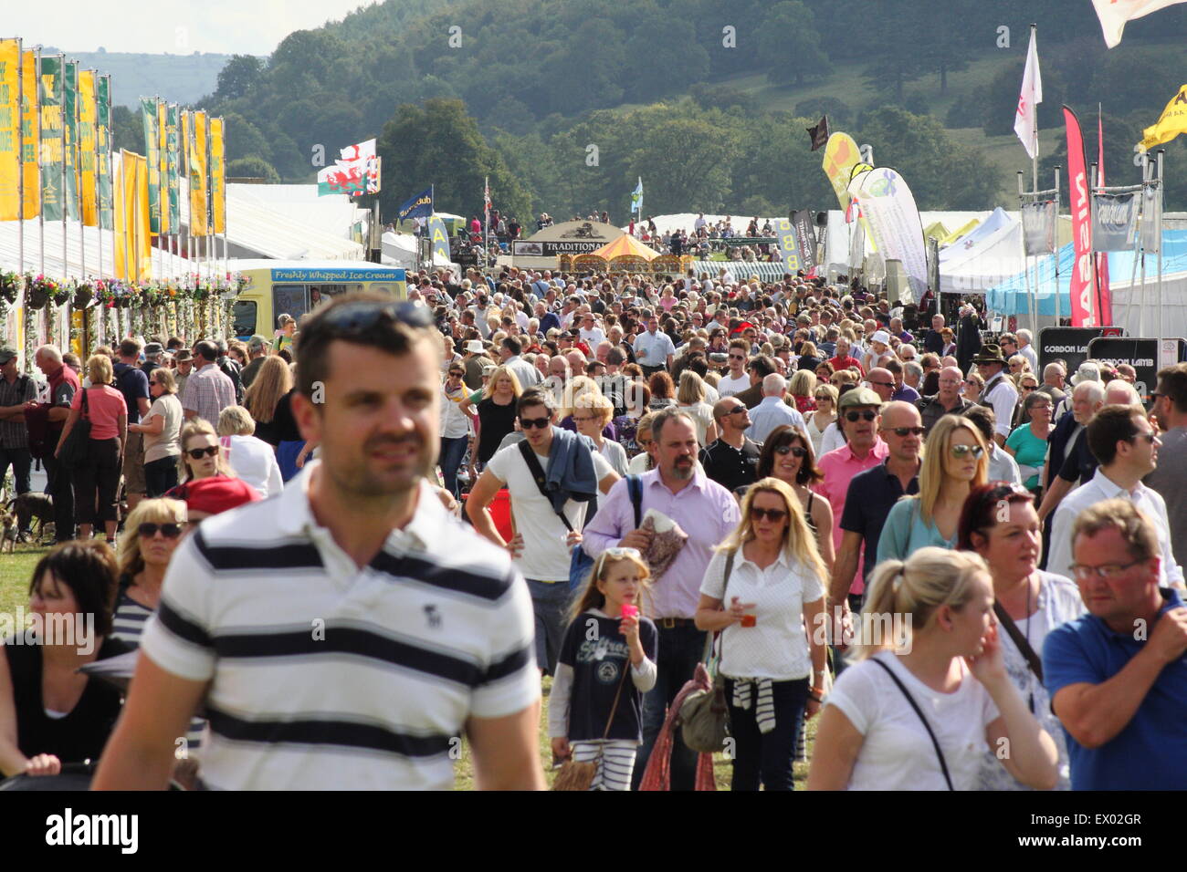 Persone vagate tra gli stand commerciali su una giornata intensa a Chatsworth Country Fair, Peak District, DERBYSHIRE REGNO UNITO Inghilterra - 2014 Foto Stock